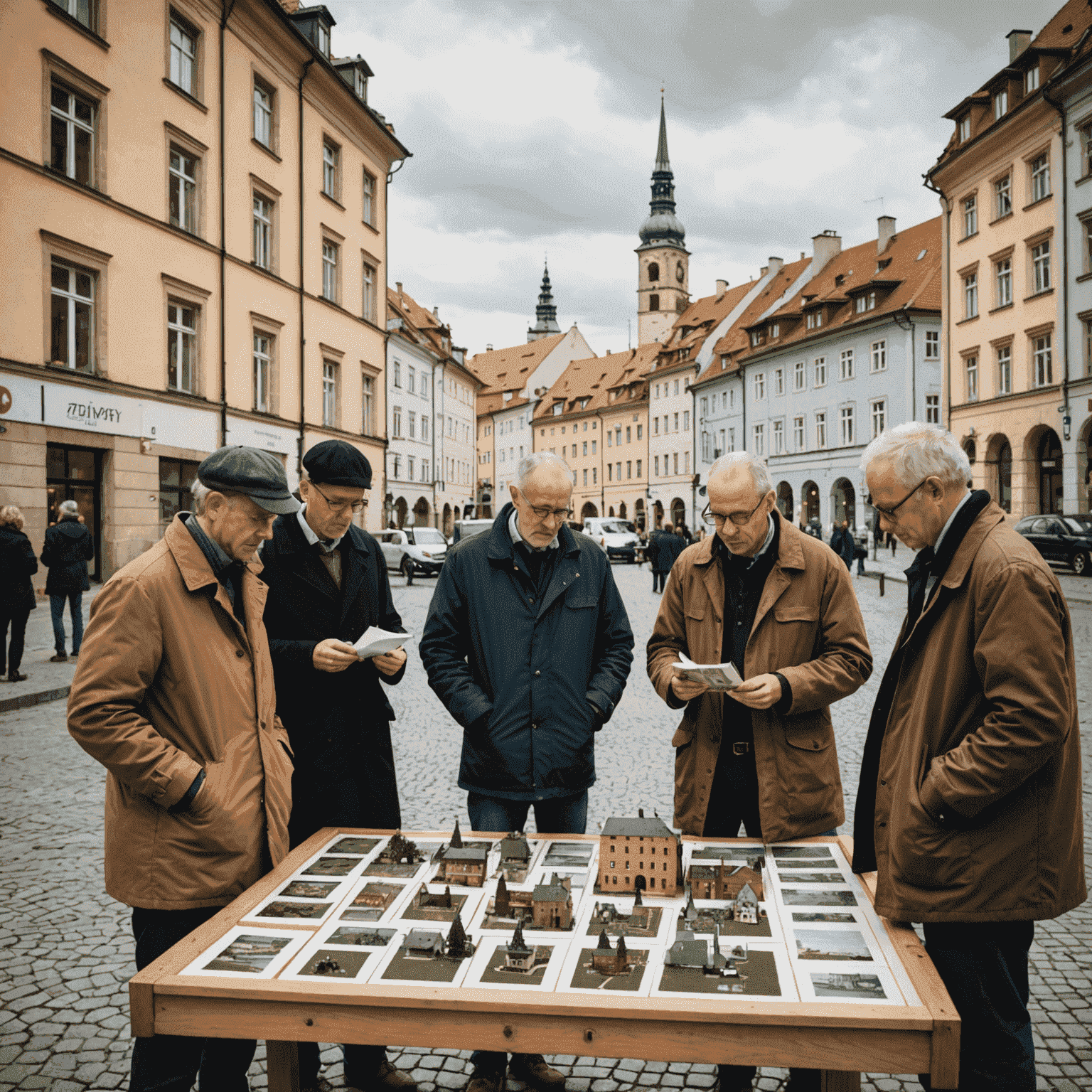 Skupina sběratelů ve Zlíně prohlížející si své sbírky. V pozadí je vidět historické centrum města Zlín s charakteristickou funkcionalistickou architekturou.