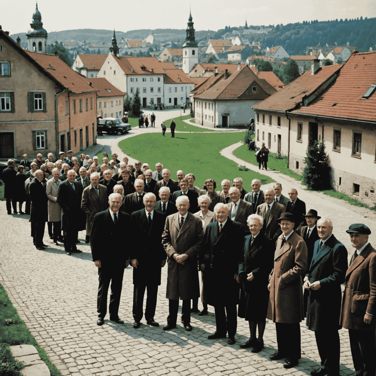Historická fotografie zobrazující první setkání Klubu sběratelů Zlín v roce 1995. Na obrázku je vidět skupina nadšených sběratelů v typickém zlínském prostředí s baťovskými domky v pozadí.